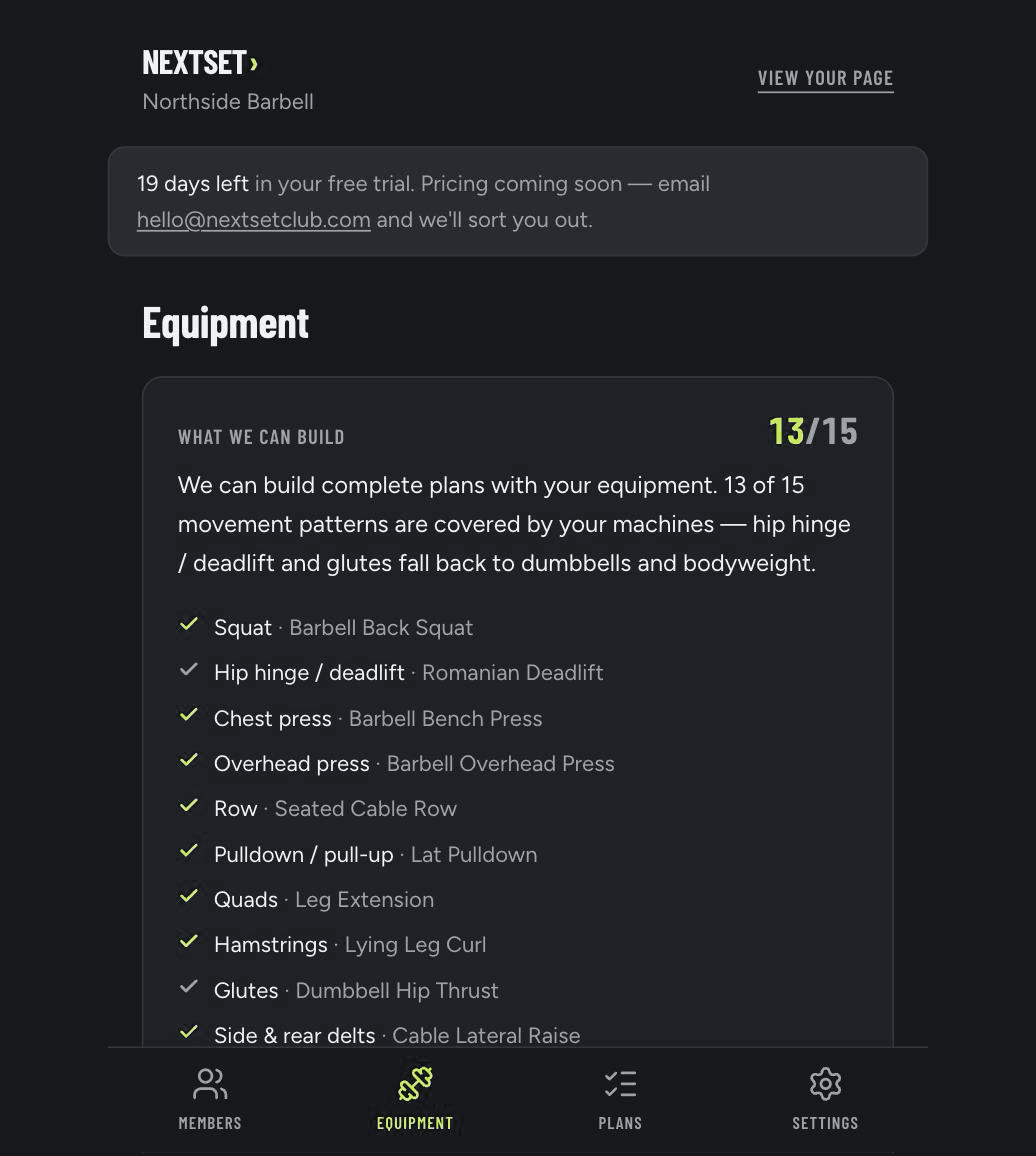 The coverage report showing which movement patterns a gym's equipment covers